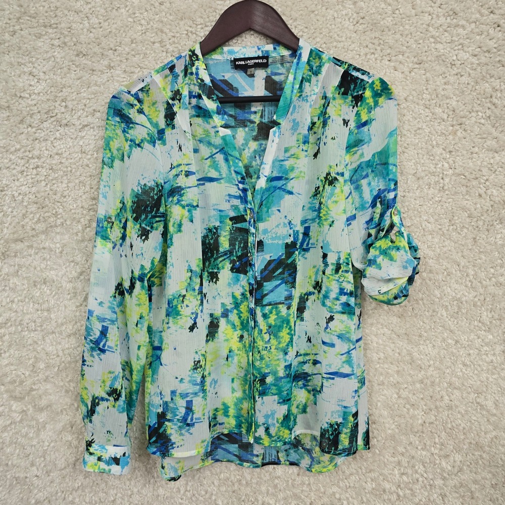 Karl Lagerfeld Blouse Womens Medium Blue Green Abstract Roll Tab Sleeve